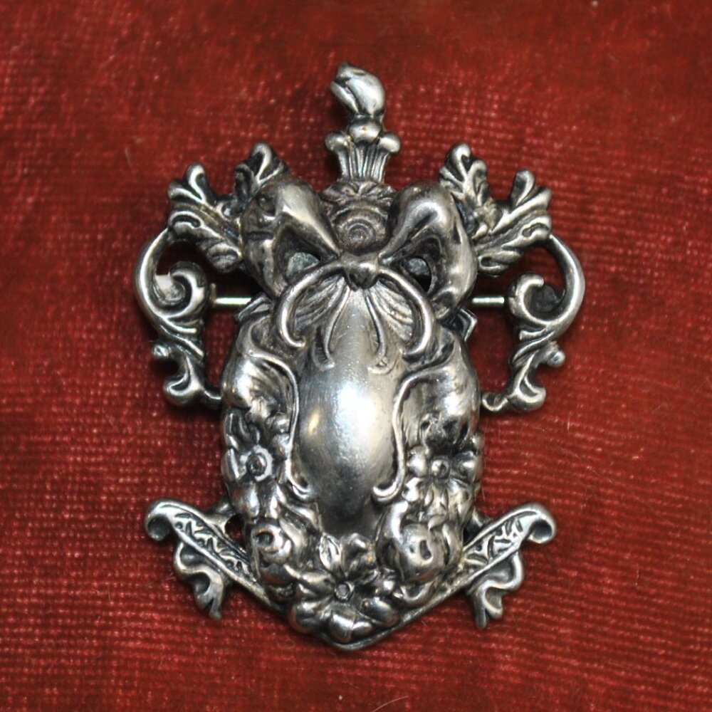 Vintage Silver-tone Filigree Heraldic Brooch